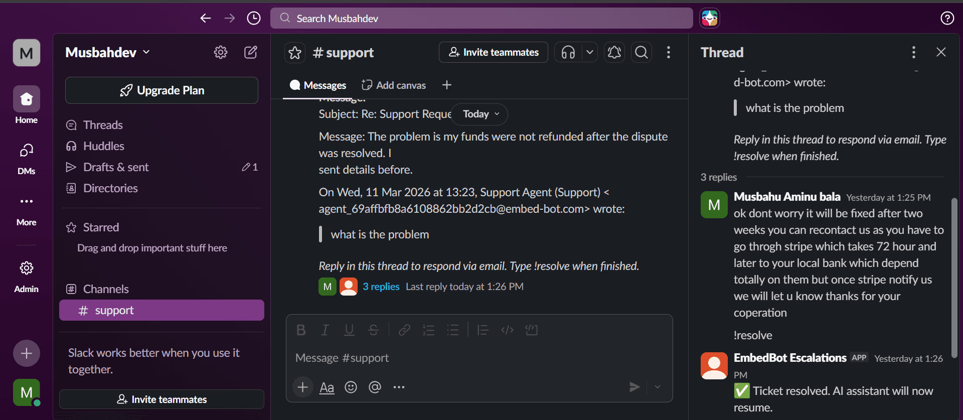 Slack integration showing email conversation with AI responses and human handoff